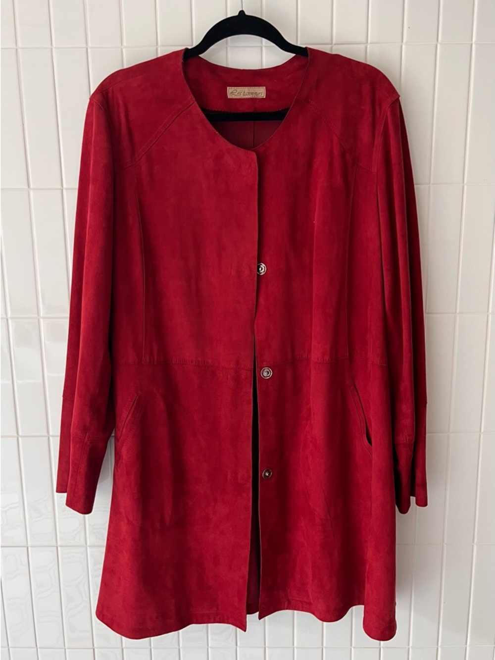 Vintage Les Tanneurs Red Suede Jacket | M | Collarless | Satin Lined | 80s
